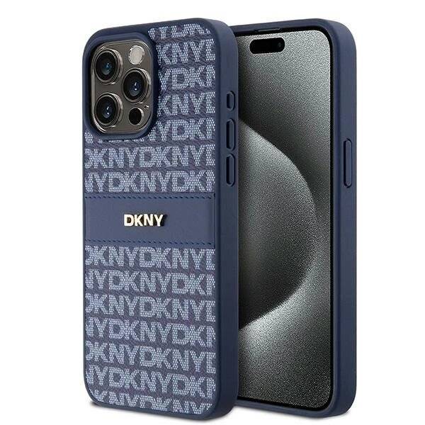 DKNY Lederhülle Monostreifen Metalllogo iPhone 15 Pro Max – Blau