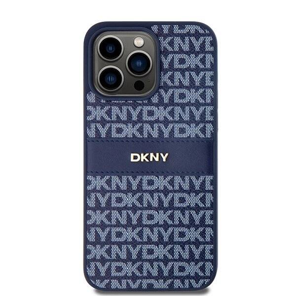 DKNY Lederhülle Monostreifen Metalllogo iPhone 15 Pro Max – Blau