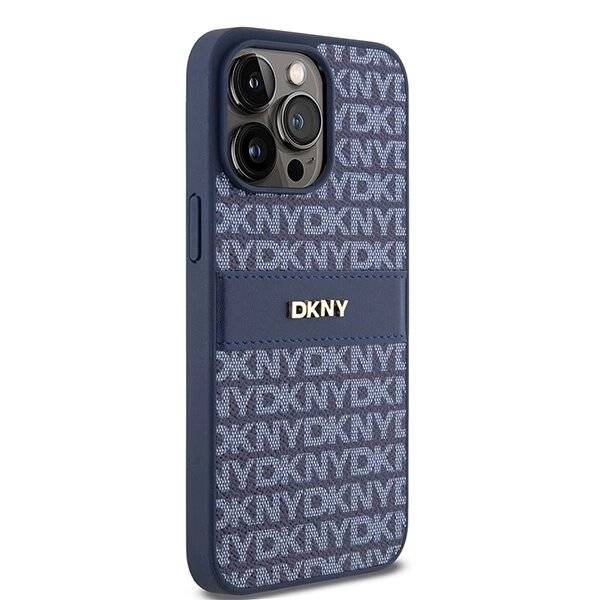 DKNY Lederhülle Monostreifen Metalllogo iPhone 15 Pro Max – Blau