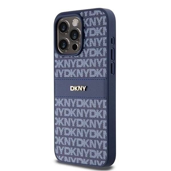 DKNY Lederhülle Monostreifen Metalllogo iPhone 15 Pro Max – Blau