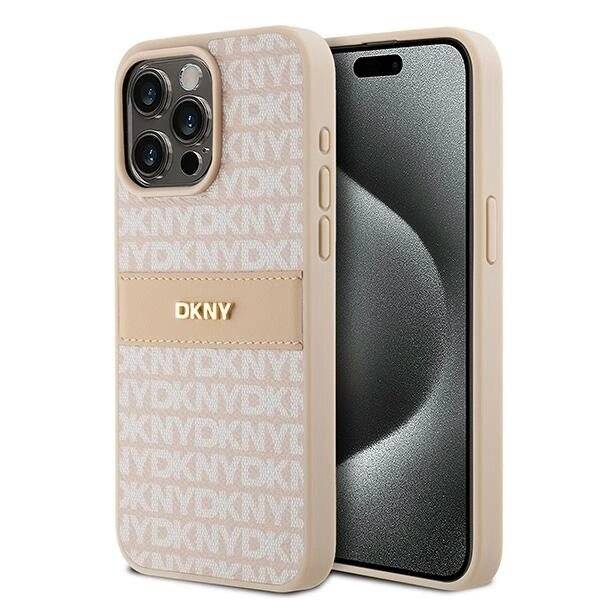 DKNY Lederhülle Monostreifen Metalllogo iPhone 15 Pro Max – Rosa