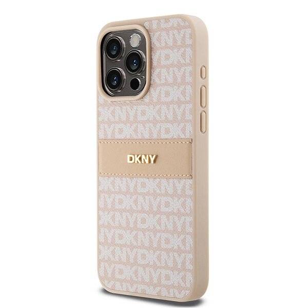 DKNY Lederhülle Monostreifen Metalllogo iPhone 15 Pro Max – Rosa