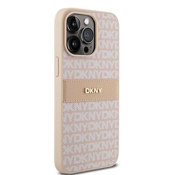 DKNY Lederhülle Monostreifen Metalllogo iPhone 15 Pro Max – Rosa