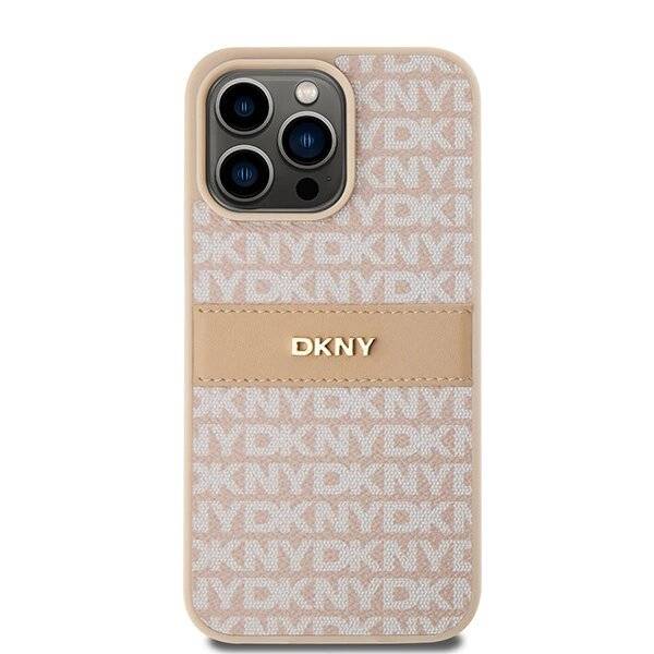 DKNY Lederhülle Monostreifen Metalllogo iPhone 15 Pro Max – Rosa
