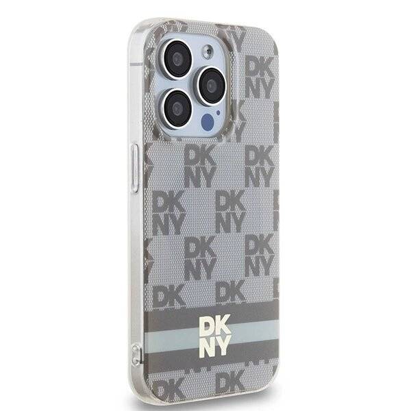 DKNY IML Checkered Mono Pattern & Printed Stripes MagSafe-Hülle iPhone 15 Pro – Beige