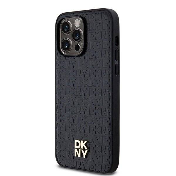 DKNY MagSafe-Hülle Leder Monogrammmuster Metalllogo iPhone 14 Pro Max – Schwarz