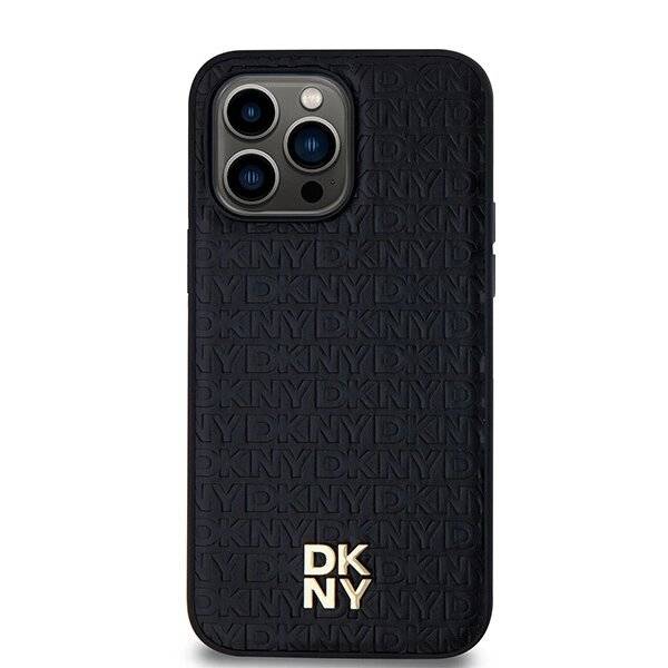 DKNY MagSafe-Hülle Leder Monogrammmuster Metalllogo iPhone 14 Pro Max – Schwarz