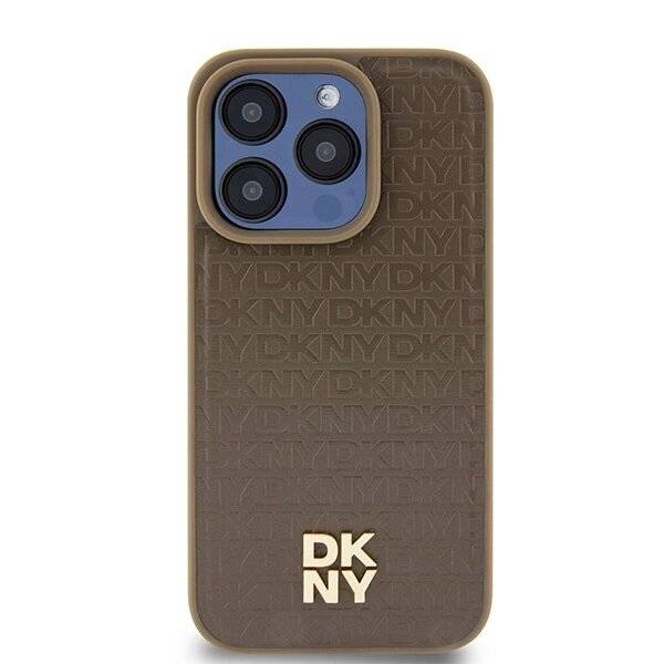 DKNY Leather Pattern Metal Logo MagSafe-Hülle iPhone 15 Pro Max – Braun
