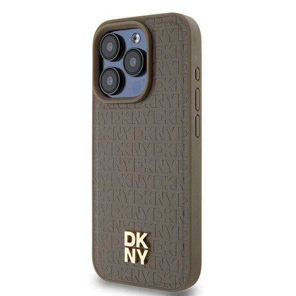DKNY Leather Pattern Metal Logo MagSafe-Hülle iPhone 14 Pro – Braun
