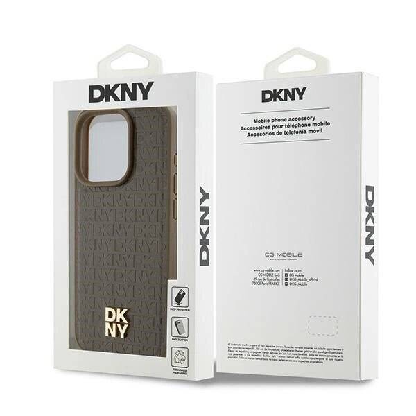 DKNY Leather Pattern Metal Logo MagSafe-Hülle iPhone 14 Pro – Braun