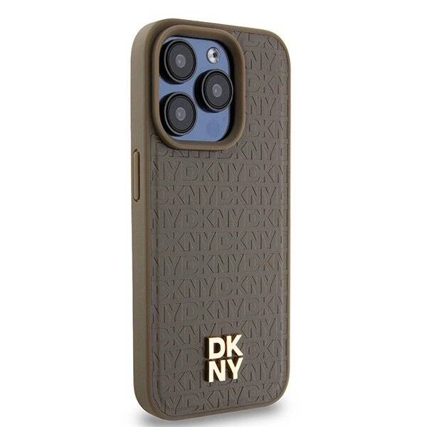 DKNY Leather Pattern Metal Logo MagSafe-Hülle iPhone 14 Pro Max – Braun