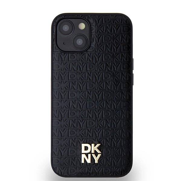 DKNY MagSafe-Hülle Leder Monogrammmuster Metalllogo iPhone 15/14/13 – Schwarz