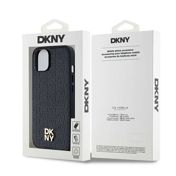 DKNY MagSafe-Hülle Leder Monogrammmuster Metalllogo iPhone 15/14/13 – Schwarz