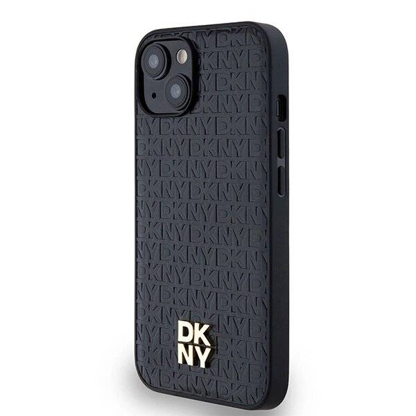 DKNY MagSafe-Hülle Leder Monogrammmuster Metalllogo iPhone 15/14/13 – Schwarz