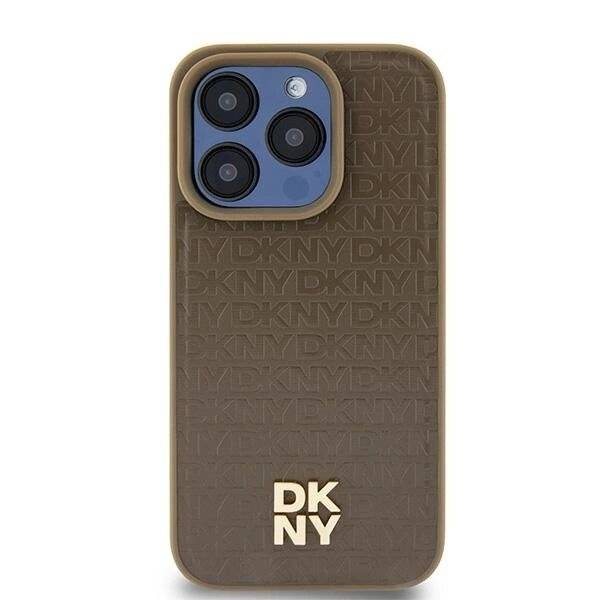 DKNY Leather Pattern Metal Logo MagSafe-Hülle iPhone 15 / 14 13 – Braun