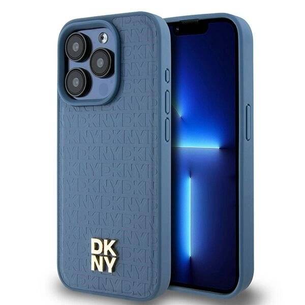 DKNY MagSafe-Hülle Leder Monogrammmuster Metalllogo iPhone 15 Pro – Blau
