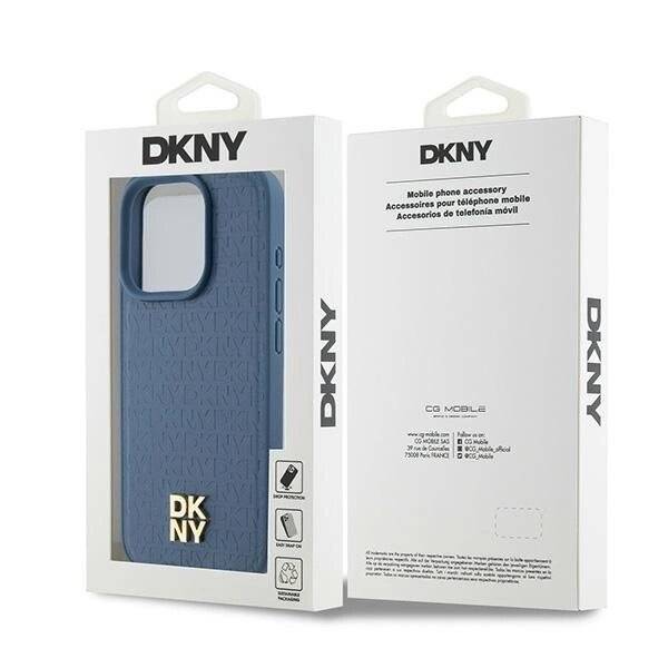 DKNY MagSafe-Hülle Leder Monogrammmuster Metalllogo iPhone 15 Pro – Blau