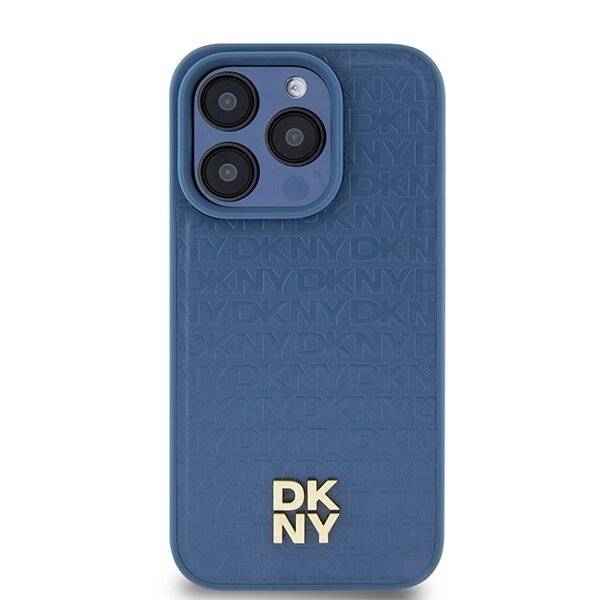 DKNY MagSafe-Hülle Leder Monogrammmuster Metalllogo iPhone 15 Pro – Blau