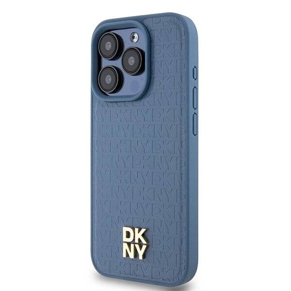 DKNY MagSafe-Hülle Leder Monogrammmuster Metalllogo iPhone 15 Pro – Blau