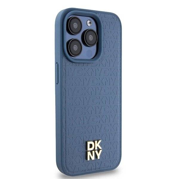 DKNY MagSafe-Hülle Leder Monogrammmuster Metalllogo iPhone 15 Pro – Blau