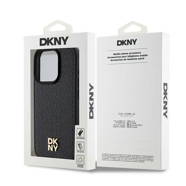 DKNY MagSafe-Hülle Leder Monogrammmuster Metalllogo iPhone 15 Pro – Schwarz