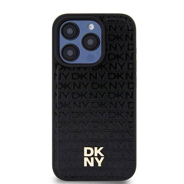 DKNY MagSafe-Hülle Leder Monogrammmuster Metalllogo iPhone 15 Pro – Schwarz