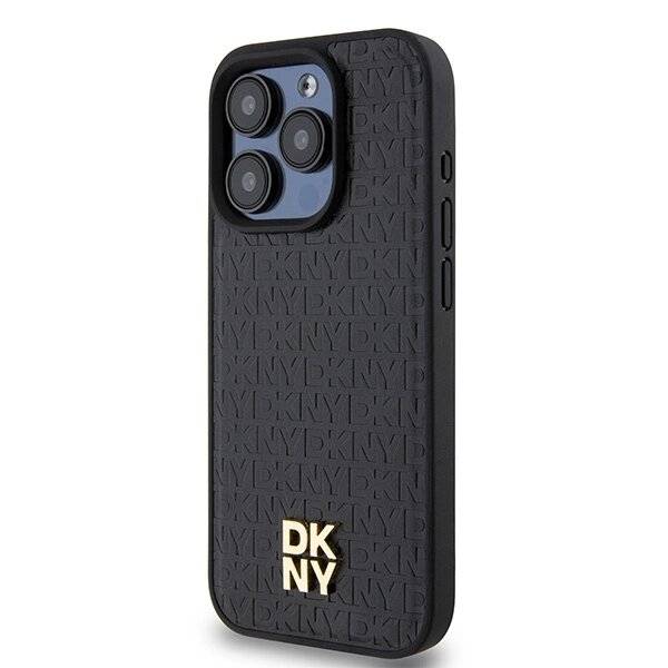 DKNY MagSafe-Hülle Leder Monogrammmuster Metalllogo iPhone 15 Pro – Schwarz