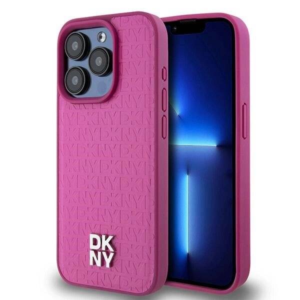 DKNY MagSafe-Hülle Leder Monogrammmuster Metalllogo iPhone 15 Pro – Rosa