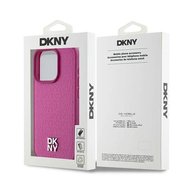 DKNY MagSafe-Hülle Leder Monogrammmuster Metalllogo iPhone 15 Pro – Rosa