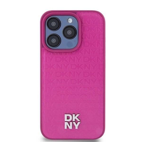 DKNY MagSafe-Hülle Leder Monogrammmuster Metalllogo iPhone 15 Pro – Rosa