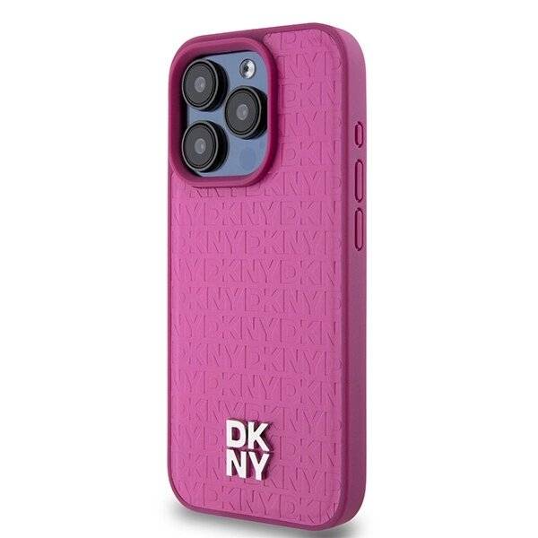 DKNY MagSafe-Hülle Leder Monogrammmuster Metalllogo iPhone 15 Pro – Rosa