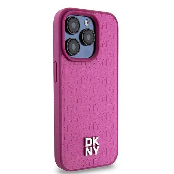 DKNY MagSafe-Hülle Leder Monogrammmuster Metalllogo iPhone 15 Pro – Rosa