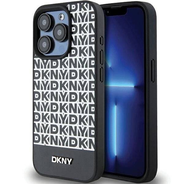 DKNY MagSafe Lederhülle bedrucktem Muster Metalllogo iPhone 15 Pro – Schwarz