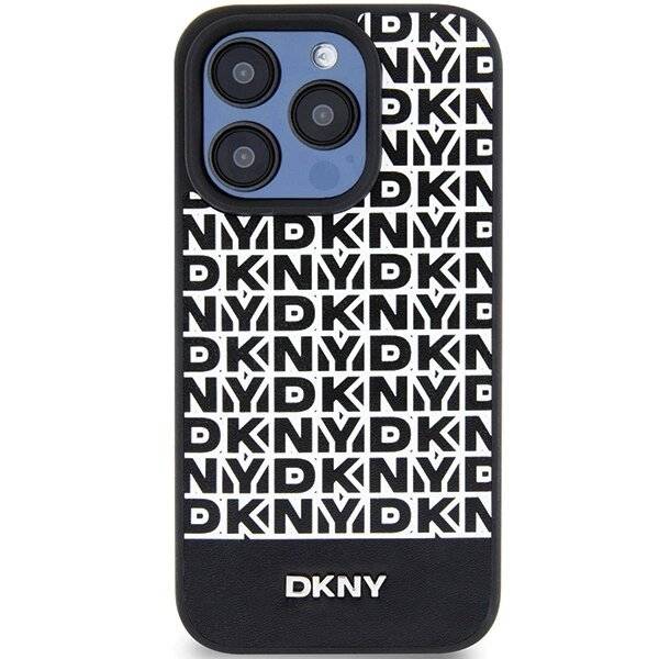 DKNY MagSafe Lederhülle bedrucktem Muster Metalllogo iPhone 15 Pro – Schwarz
