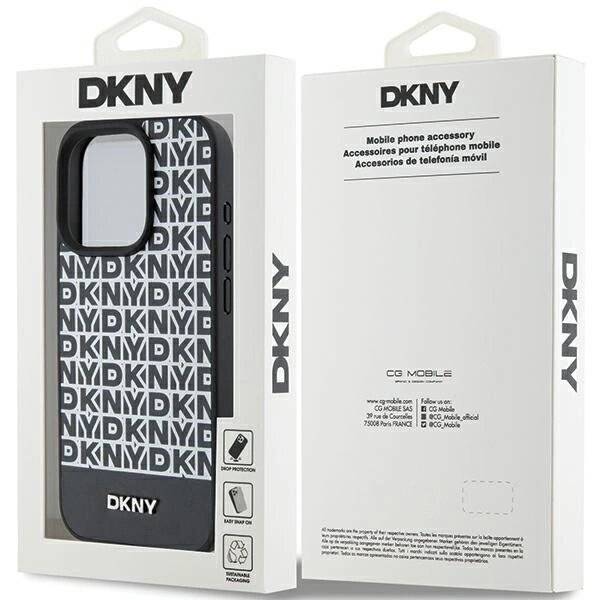 DKNY MagSafe Lederhülle bedrucktem Muster Metalllogo iPhone 15 Pro – Schwarz