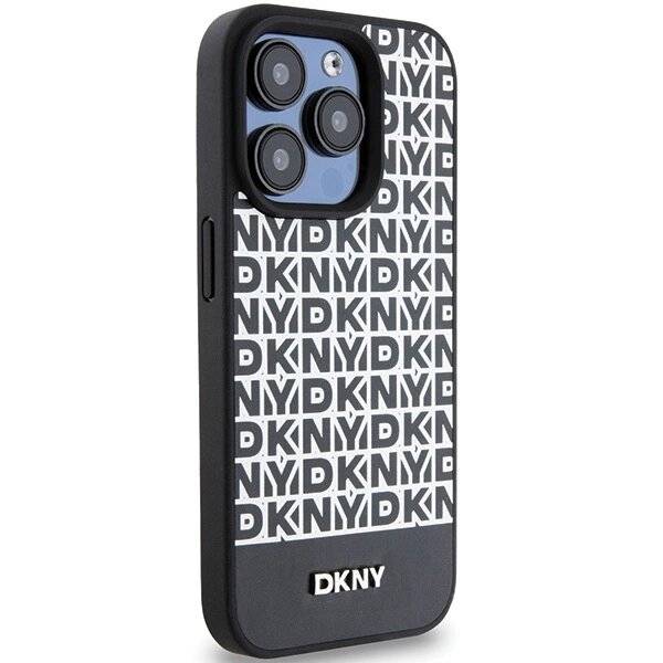 DKNY MagSafe Lederhülle bedrucktem Muster Metalllogo iPhone 15 Pro – Schwarz