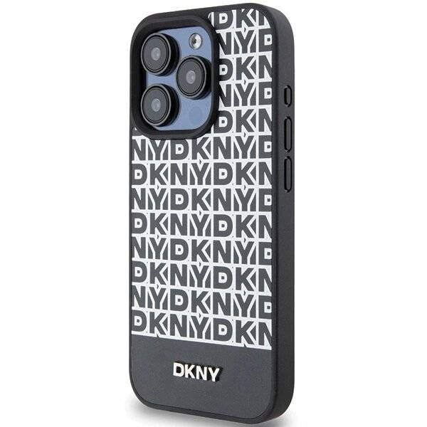 DKNY MagSafe Lederhülle bedrucktem Muster Metalllogo iPhone 15 Pro Max – Schwarz