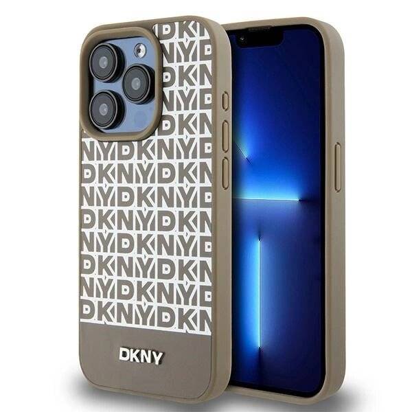 DKNY MagSafe Lederhülle bedrucktem Muster Metalllogo iPhone 15 Pro – Braun