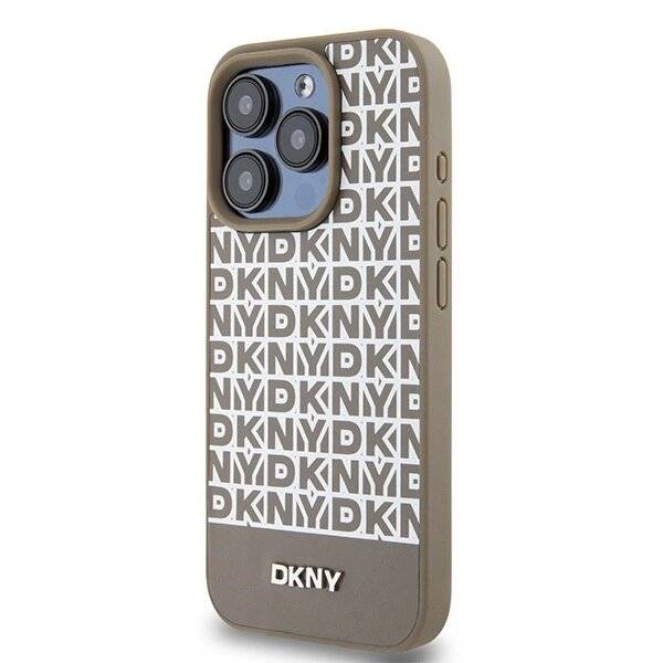 DKNY MagSafe Lederhülle bedrucktem Muster Metalllogo iPhone 15 Pro – Braun