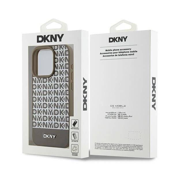 DKNY MagSafe Lederhülle bedrucktem Muster Metalllogo iPhone 15 Pro – Braun
