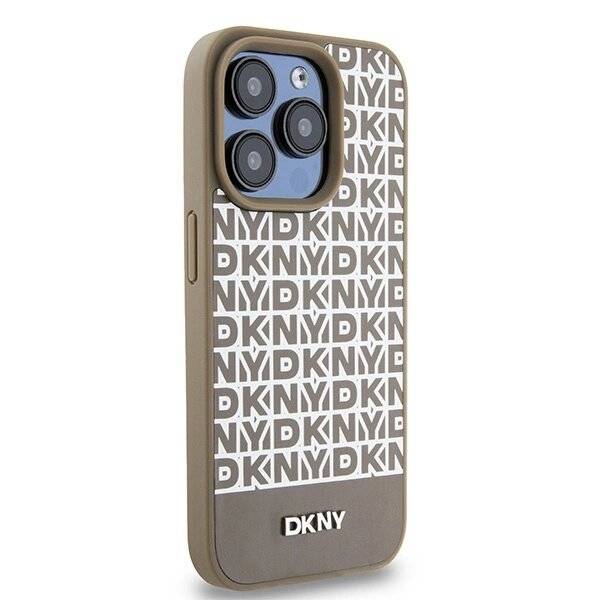 DKNY MagSafe Lederhülle bedrucktem Muster Metalllogo iPhone 15 Pro – Braun