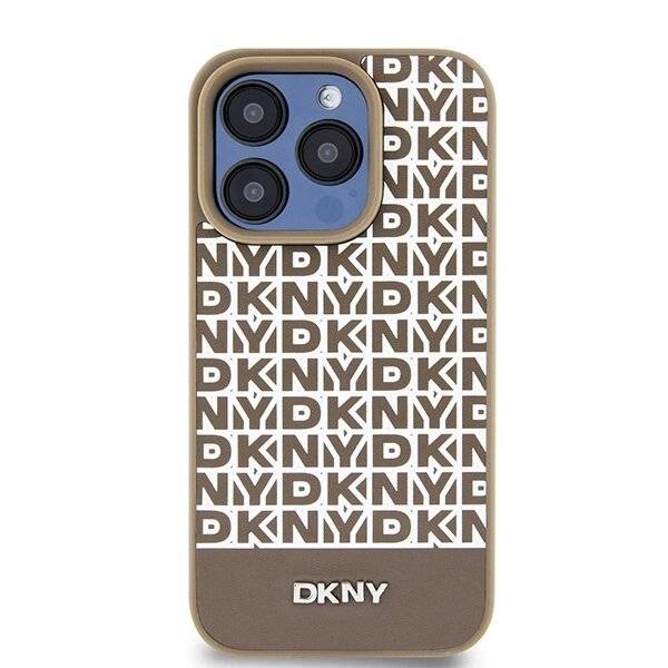 DKNY MagSafe Lederhülle bedrucktem Muster Metalllogo iPhone 15 Pro – Braun