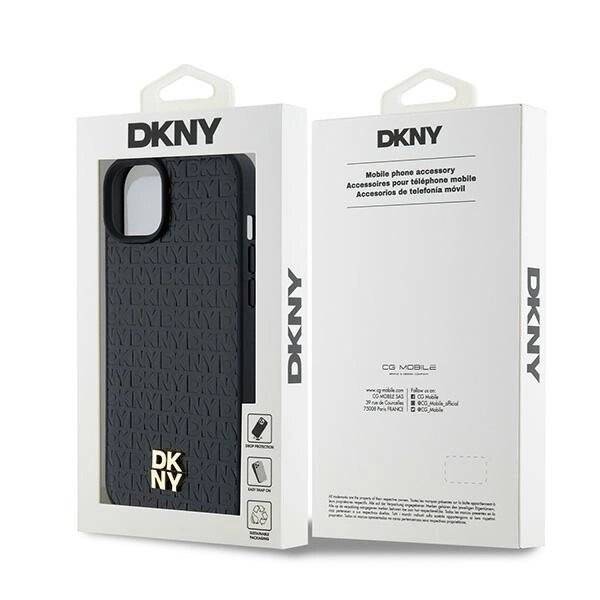 DKNY MagSafe-Hülle Leder Monogrammmuster Metalllogo iPhone 15 Plus / 14 – Schwarz