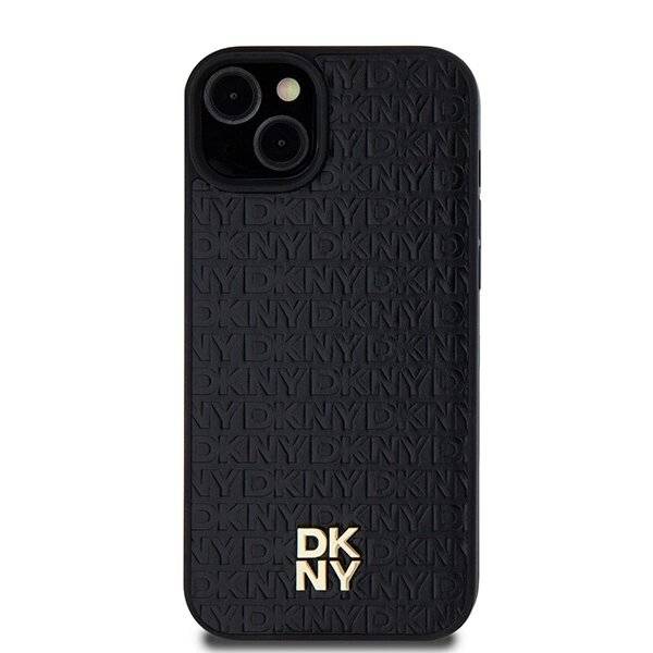 DKNY MagSafe-Hülle Leder Muster Metalllogo iPhone 15/14/13 – Schwarz