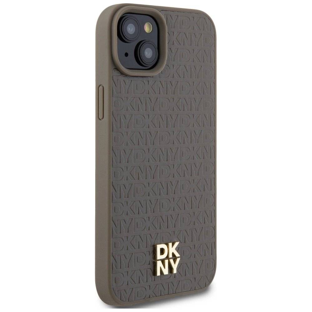 DKNY Leather Pattern Metal Logo MagSafe-Hülle iPhone 15 / 14 13 – Braun