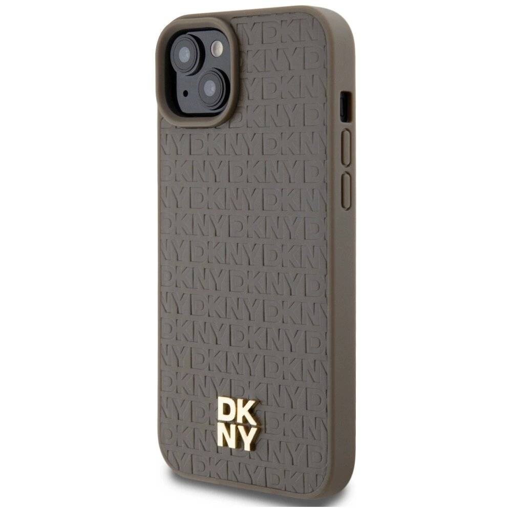 DKNY MagSafe-Hülle Leder Muster Metalllogo iPhone 15 Plus / 14 – Braun