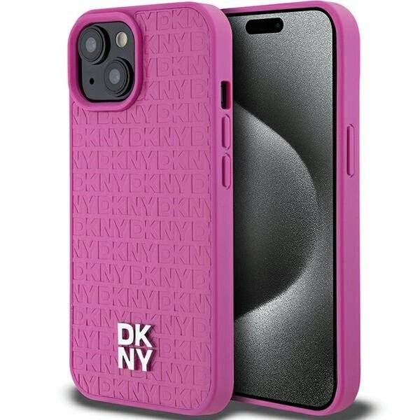 DKNY Leather Pattern Metal Logo MagSafe-Hülle iPhone 15 / 14 13 – Rosa
