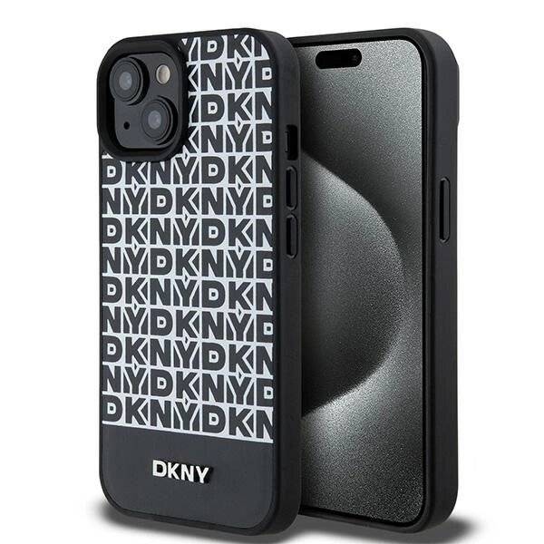 DKNY MagSafe Lederhülle bedrucktem Muster Metalllogo iPhone 15/14/13 – Schwarz