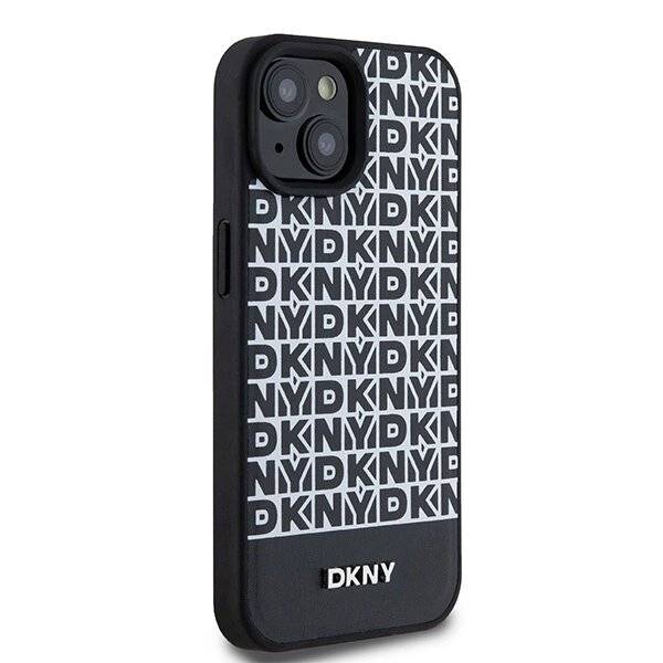 DKNY MagSafe Lederhülle bedrucktem Muster Metalllogo iPhone 15/14/13 – Schwarz