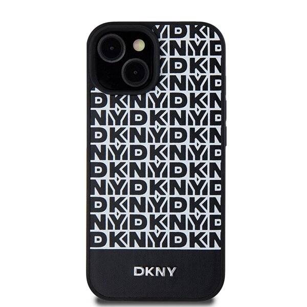 DKNY MagSafe Lederhülle bedrucktem Muster Metalllogo iPhone 15/14/13 – Schwarz